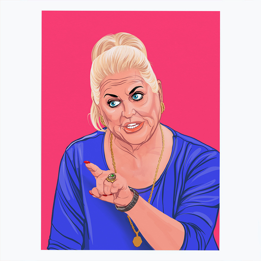 Kim Woodburn celebrity cleaner and reality TV personality.  Illustration by Ryan Hodge.  Available in sizes A4, A3, A2 - Framed and print only. 