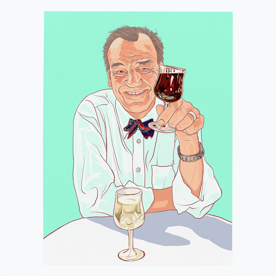 Keith Floyd, British celebrity TV chef.  A portrait by Ryan Hodge illustration.  Prints available in sizes A4, A3, A2 & A1 Framed or print only. He had a chaotic style and was often seen drinking a glass of wine while presenting. 