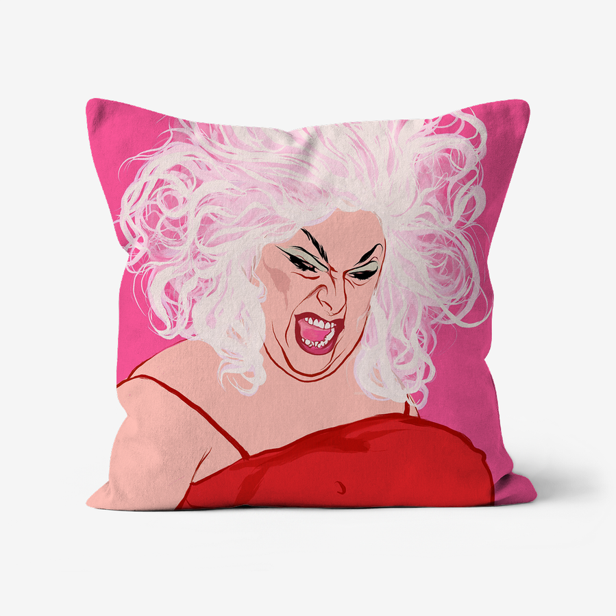 Divine the Drag Queen cushion, illustration based on an image from Studio 54.  The reverse features an abstract paint splatter textured pattern.  Available in sizes16"X16",  18"X18", 20"X20"
