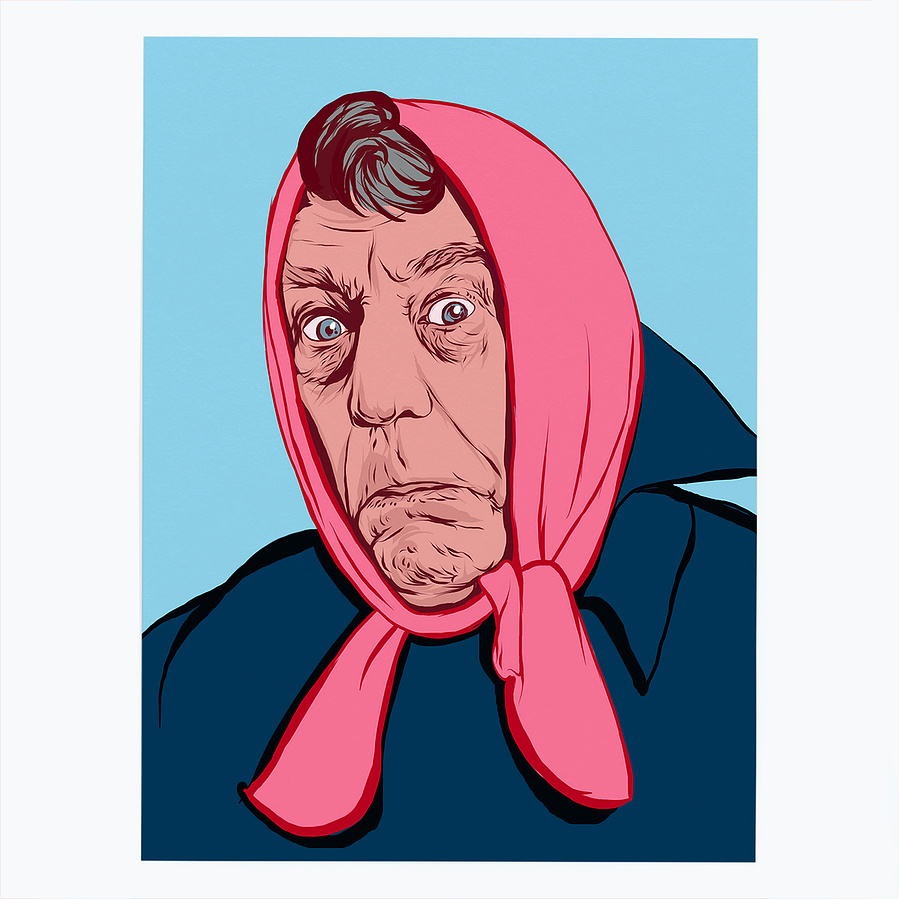 A portrait of Terry Jones dressed as an old lady. He is one of the mighty Monty Pythons comedy group by Ryan Hodge illustration.  Comedian and national treasure. The fine art giclée print is available in sizes A4, A3 & A2, framed or print only.