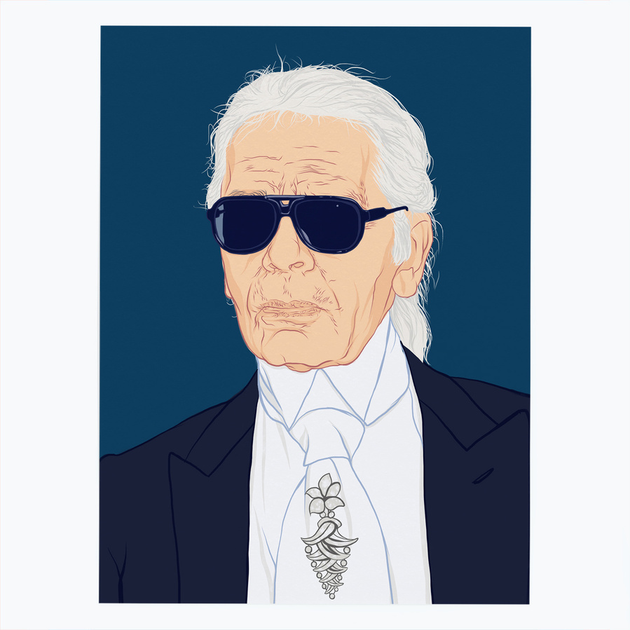 A portrait of renowned fashion designer and personality Karl Lagerfeld by Ryan Hodge illustration.  Comedian and national treasure. The fine art giclée print is available in sizes A4, A3 & A2, framed or print only.