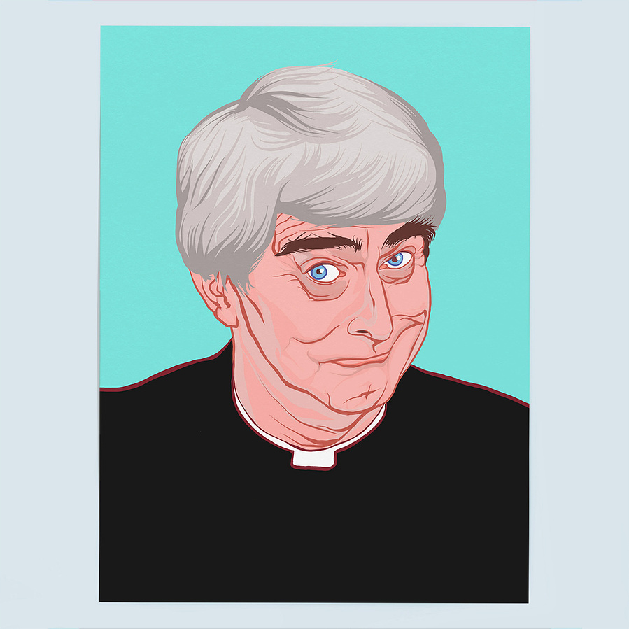 Lead character of Father Ted, the comedy TV sitcom that is still iconic. Illustration by Ryan Hodge.  Available in sizes A4, A3, A2 - Framed and print only. 