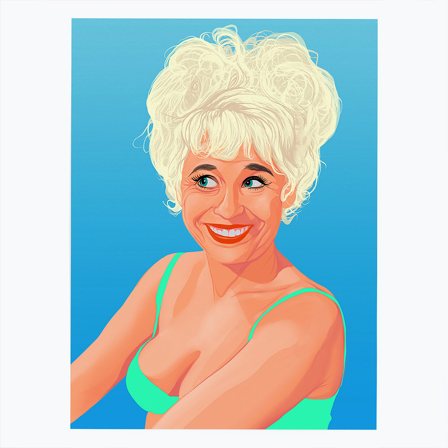 Dame Barbara Windsor from the Carry On films.  A busty blonde with back-combed hair and swim suit. Artwork by Ryan Hodge illustration.  Fine art giclée print available in sizes A4, A3 & A2, framed or print only.  Gay icon