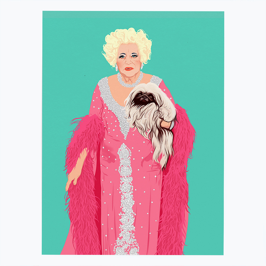 Literary Royalty, Barbara Cartland. She was a prolific author of romantic novels. Fond of dogs and frocks and camp as tits.  Prints and Framed prints available in sizes A4, A3, A2 & A1.