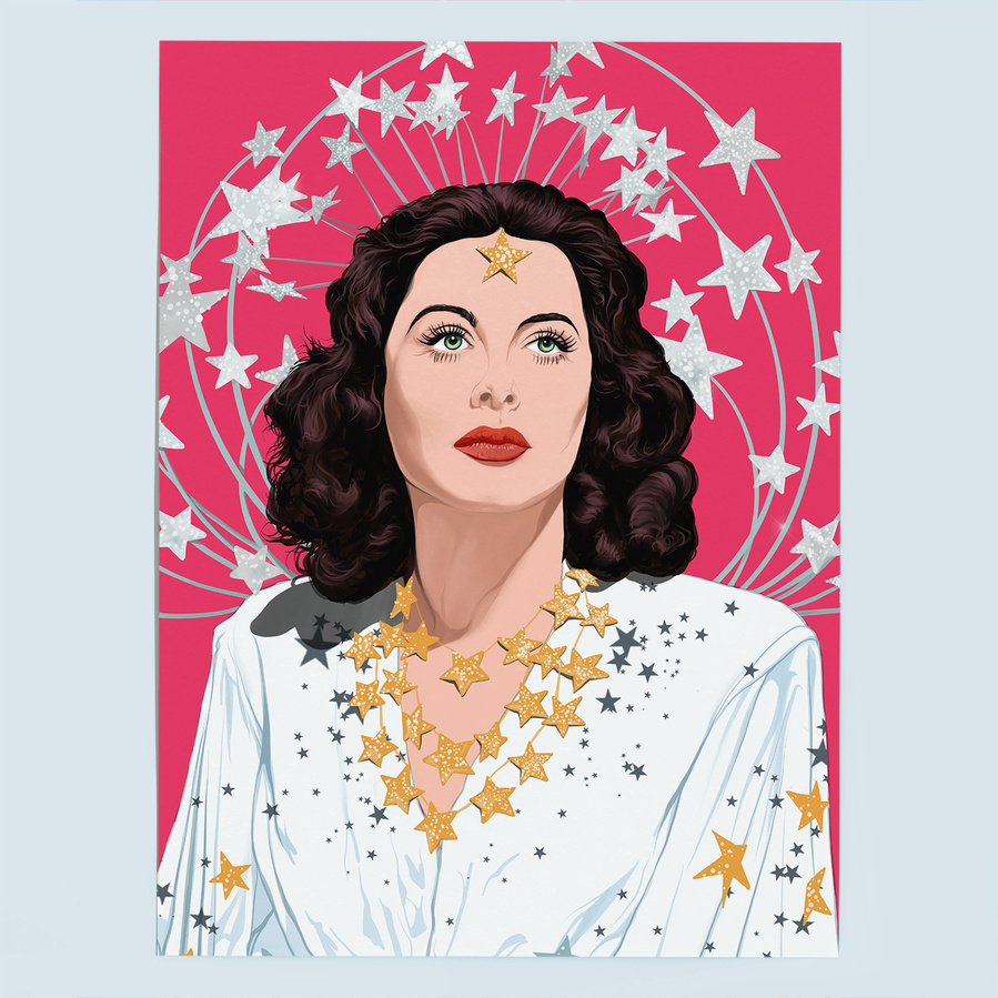 Hedy Lamarr fine art giclée print by Ryan Hodge illustration.  Inspired by the movie 'Ziegfeld Girl'.  Available in sizes A4, A3, A2 & A1 framed and print only.  Printed on Enhanced Matt Art paper. 