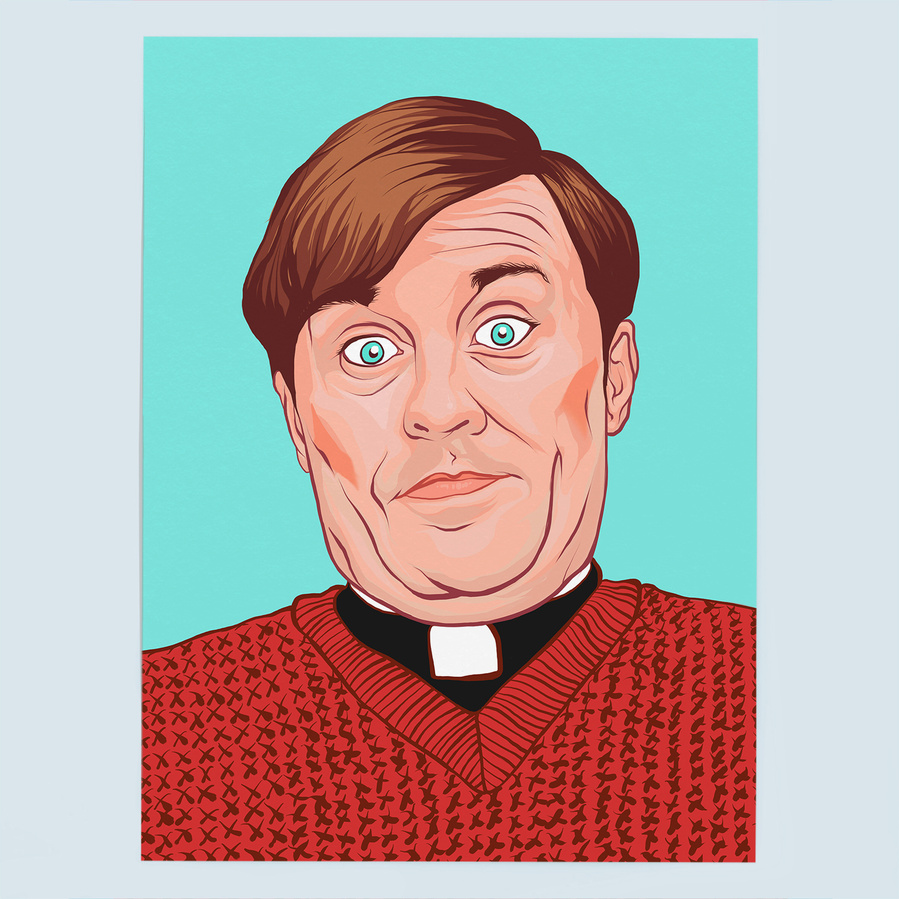 Father Dougal McGuire played by comedian Ardal O'Hanlon from TV sitcom Father Ted by Ryan Hodge illustration.  Available in sizes A4, A3, A2 - Framed and print only. 