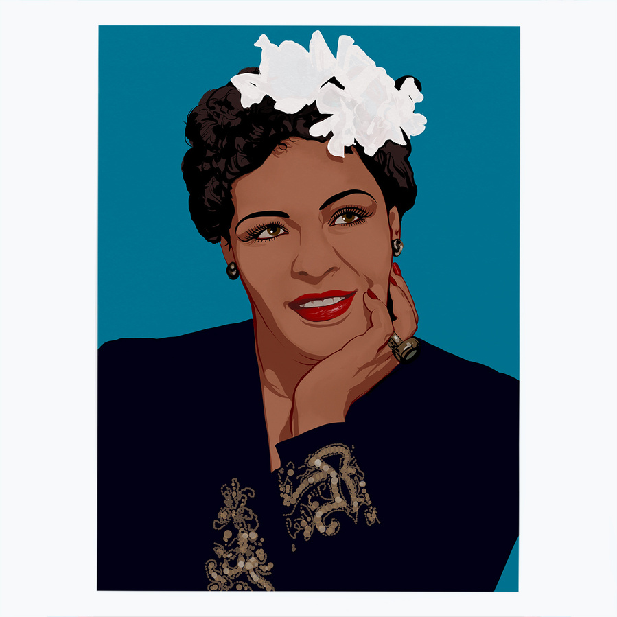 Billie Holiday by Ryan Hodge illustration - American jazz and swing music singer. Nicknamed "Lady Day".  Prints and Framed prints available in sizes A4, A3, A2 & A1.