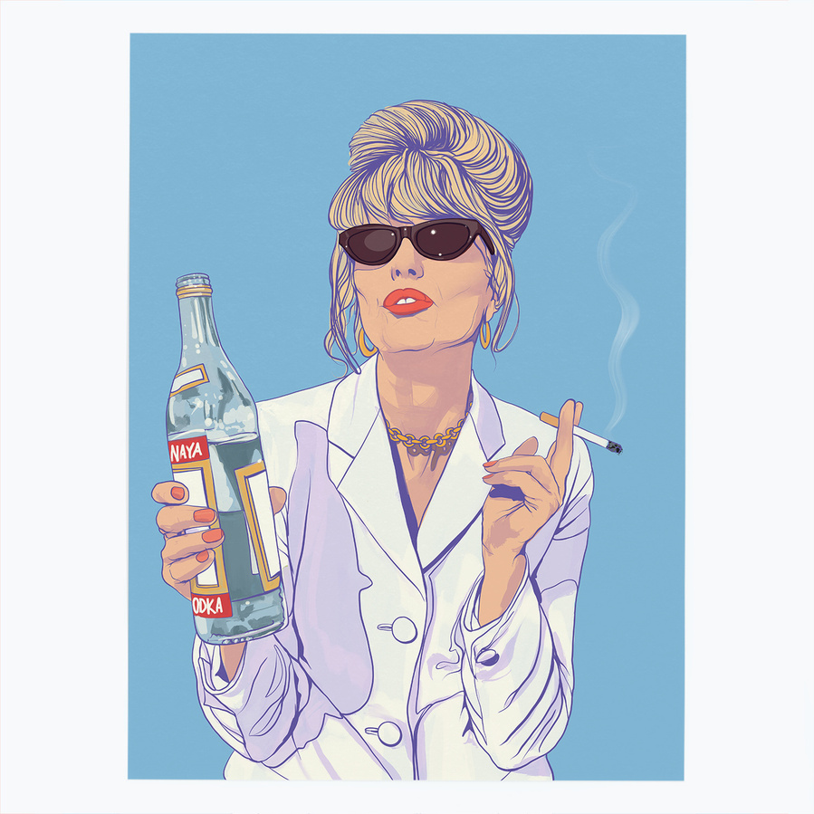 A portrait of the Absolutely Fabulous Patsy Stone played by Dame Joanna Lumley.   She is smoking holding a bottle of Stoli vodka. Art by Ryan Hodge illustration. The fine art giclée print is available in sizes A4, A3 & A2, framed or print only.