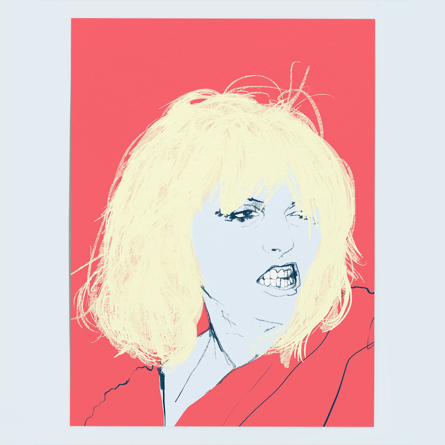 Blondie's Debbie Harry - an illustration by Ryan Hodge. Screen print inspired art.  coral pink background.  Rip Her To Shreds song.  Available as a framed fine art print or print only in sizes A4, A3, A2 & A1. 