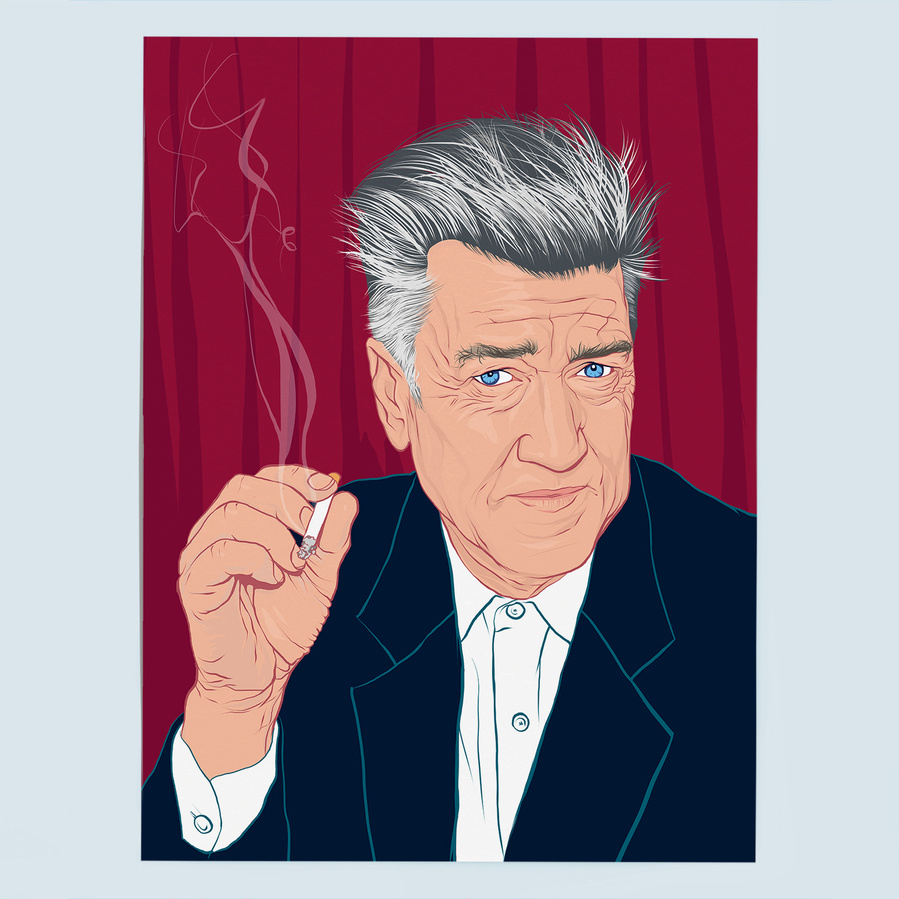 Illustrated portrait of cult film director David Lynch by Ryan Hodge illustration.  Available as a fine art print, framed or print only in various sizes. 
