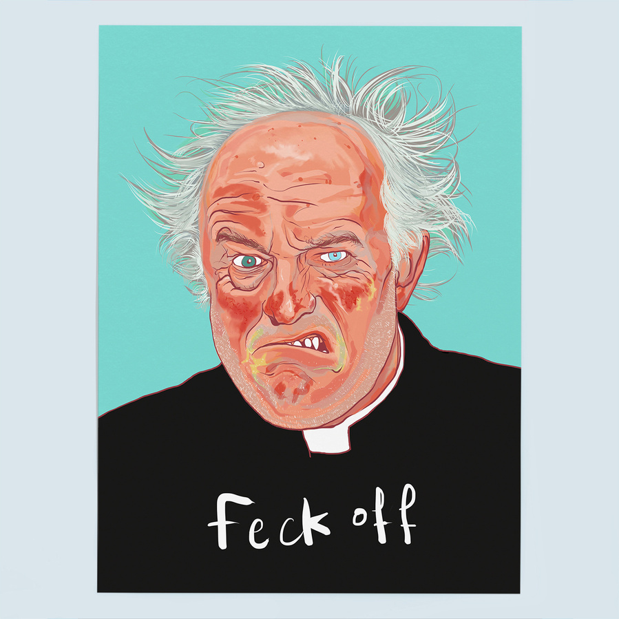 A portrait of Father Jack Hackett from hit Irish Tv Comedy Father Ted. Art by Ryan Hodge illustration. The fine art giclée print is available in sizes A4, A3 & A2, framed or print only.