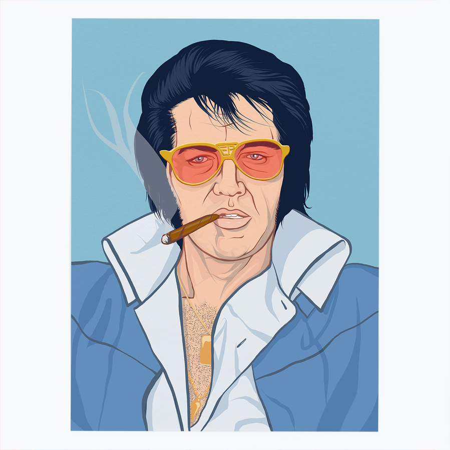 Elvis Presley the king of rock and roll  sunglasses and cigar. Artwork by Ryan Hodge illustration.  Fine art giclée print available in sizes A4, A3 & A2, framed or print only.  sunglasses and cigar. 