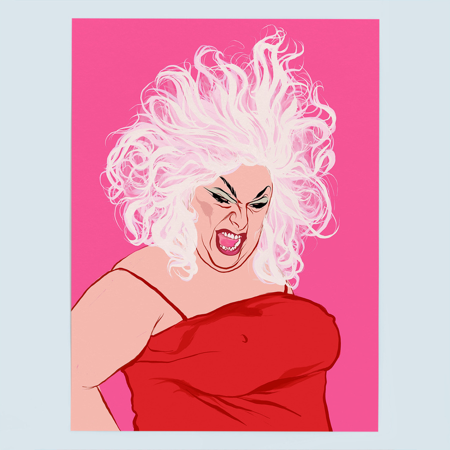 Divine, the most beautiful Drag Queen in the world.  An illustrated portrait by Ryan Hodge illustration.  Inspired by the famous NY nightclub Studio 54.  Available as a fine art giclée print in sizes A4, A3 and A2 print only and framed.