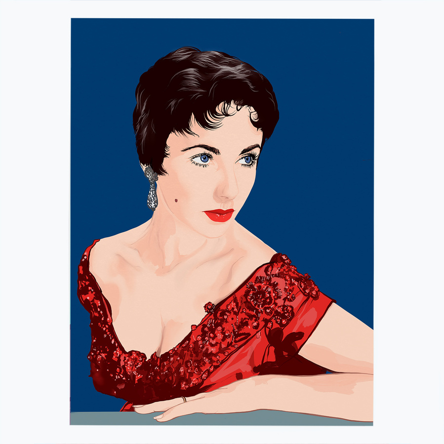 Fine art giclée print of Hollywood icon Elizabeth Taylor by Ryan Hodge illustration.  Available in sizes A4, A3 and A2.  Framed and print only versions.  