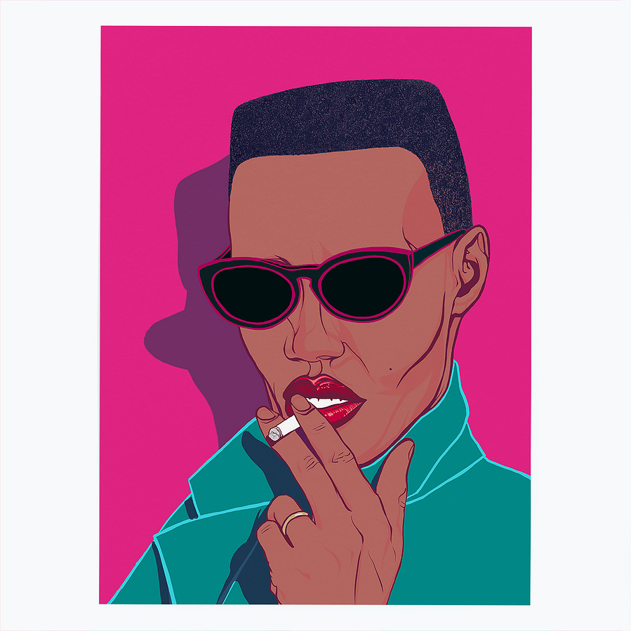 Grace Jones Smoking cigarette - fine art print with optonal framing - artwork by Ryan Hodge  illustration.  Bright pink background, teal jacket & Sunglasses 