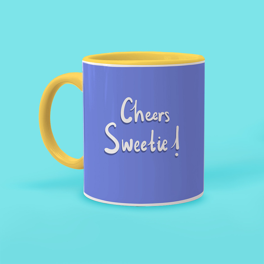 Patsy Stone Cheers Sweetie! Yellow and white duo tone mug.  Gift idea for Absolutely Fabulous fan.  Fashion icon. Vodka, drink, booze, smoking, drunk friend gift. Artwork by Ryan Hodge illustration