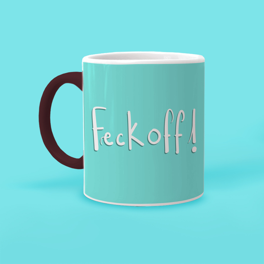 Father Jack "feck off!" mug with two tone  black handle and white base. Ryan Hodge  Illustration.  110z ceramic drinks ware mug cup.  