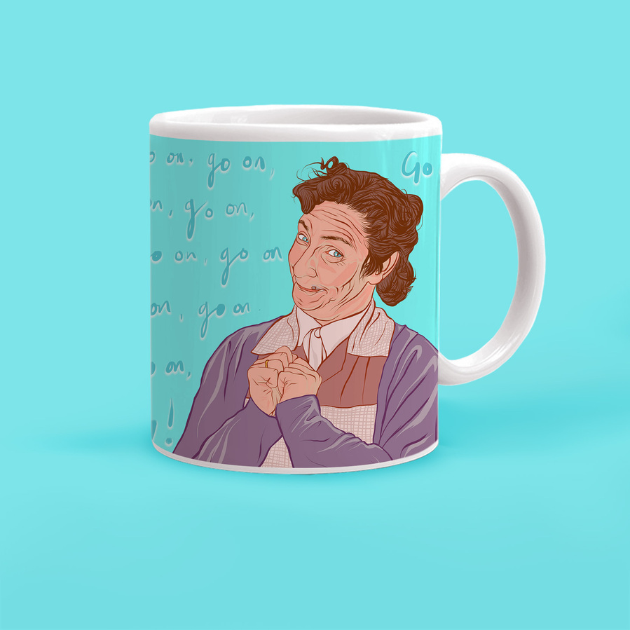 Mrs Doyle 11oz ceramic mug "go on go on go on".  Inspired by Father Ted the Irish comedy sitcom.  Old lady cuppa tea, more tea vicar? Gift idea for her for him. Birthday present for tea lover, St Patricks Day gift or Christmas.