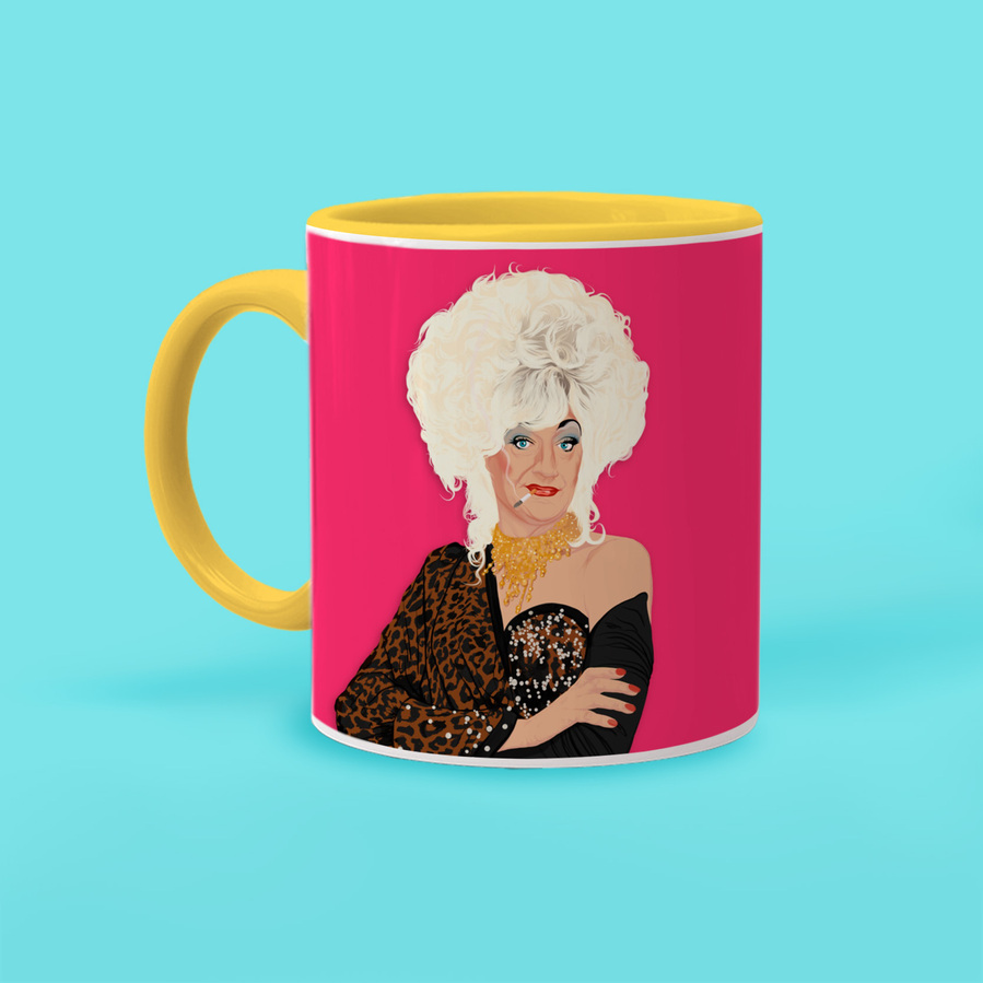 Lily Veronica Maeve Savage duo tone 11oz ceramic mug with yellow handle. Features artwork by Ryan Hodge illustration with pink background. Dishwasher safe, chip and scratch resistant.  Perfect office gift idea, birthday gift. Drag Queen gay icon.  
