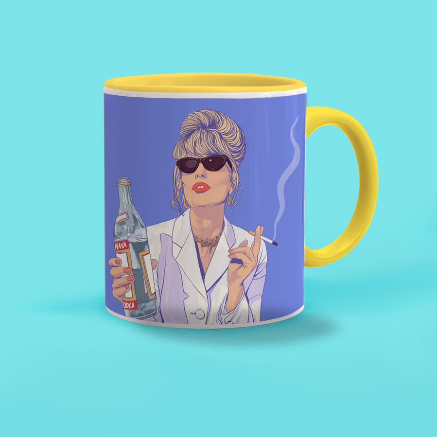 Patsy Stone Cheers Sweetie! Yellow and white duo tone mug.  Gift idea for Absolutely Fabulous fan.  Fashion icon. Vodka, drink, booze, smoking, drunk friend gift. Artwork by Ryan Hodge illustration