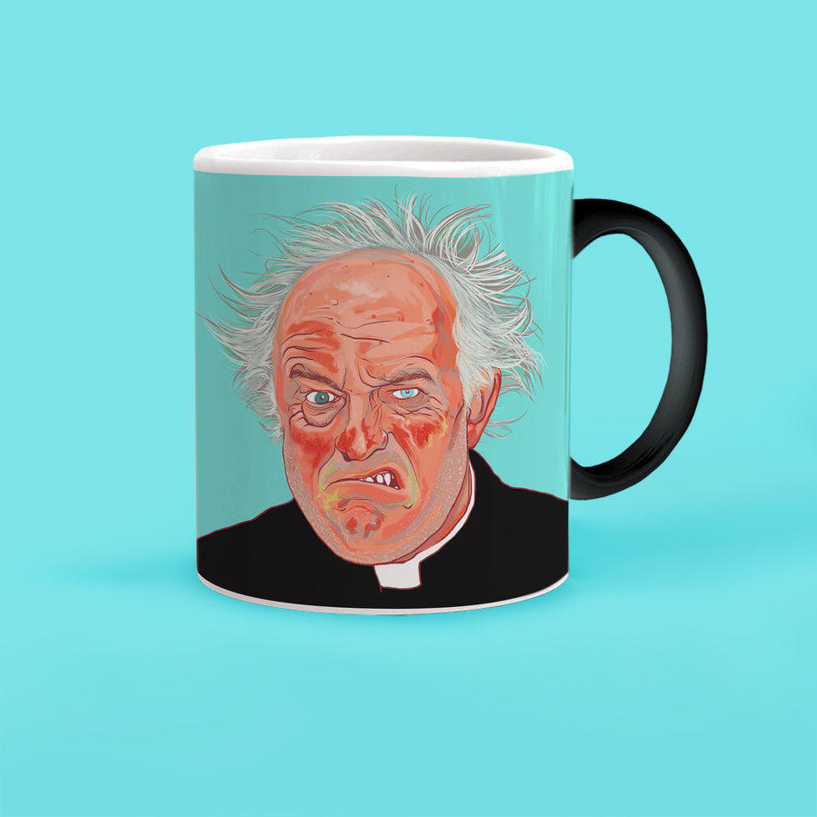 Father Jack "feck off!" mug with two tone  black handle and white base. Ryan Hodge  Illustration.  110z ceramic drinks ware mug cup.  