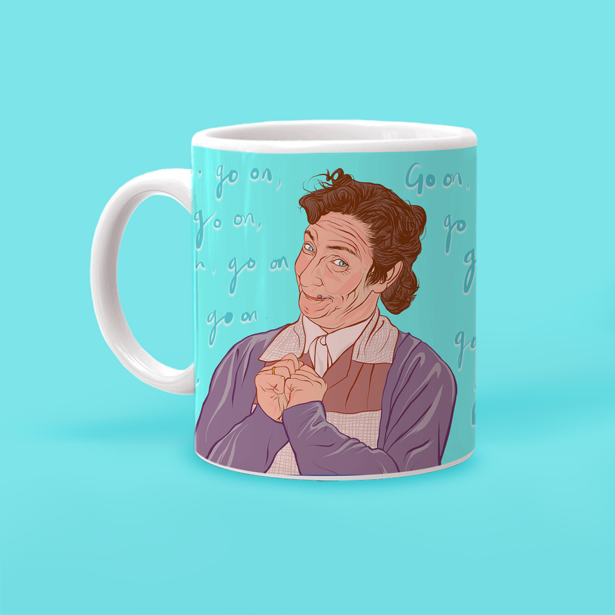 Mrs Doyle 11oz ceramic mug "go on go on go on".  Inspired by Father Ted the Irish comedy sitcom.  Old lady cuppa tea, more tea vicar? Gift idea for her for him. Birthday present for tea lover, St Patricks Day gift or Christmas.