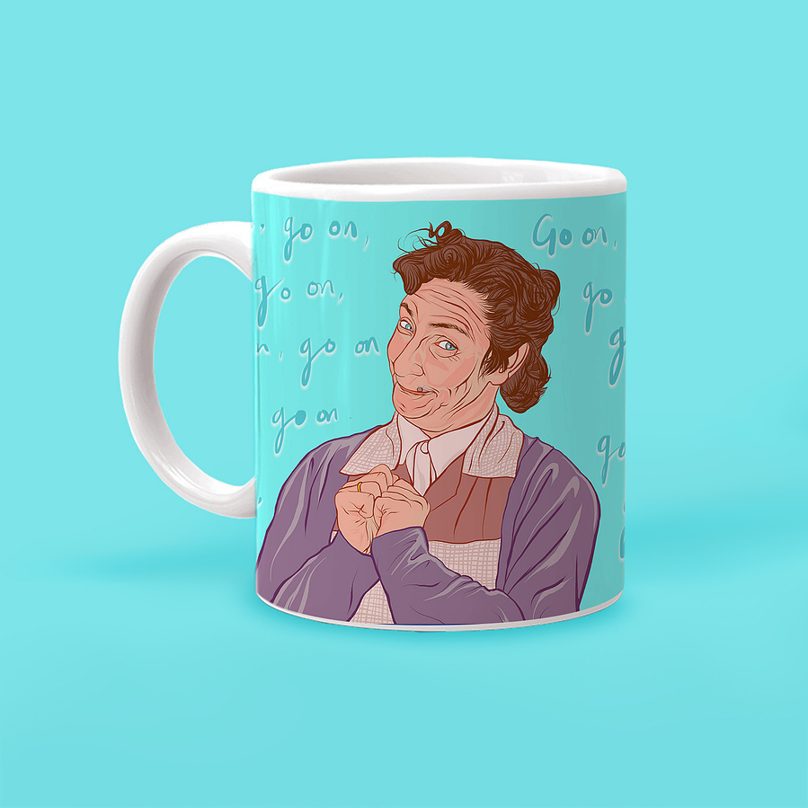 Mrs Doyle 11oz ceramic mug "go on go on go on".  Inspired by Father Ted the Irish comedy sitcom.  Old lady cuppa tea, more tea vicar? Gift idea for her for him. Birthday present for tea lover, St Patricks Day gift or Christmas.
