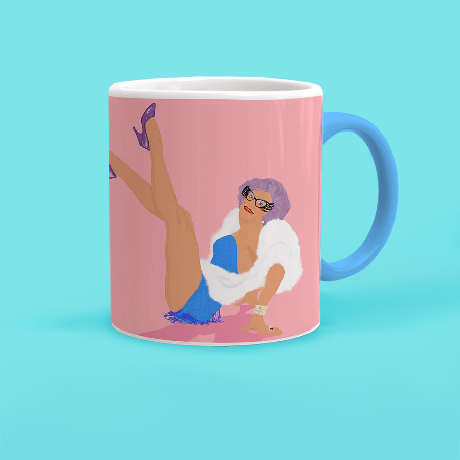 Dame Edna Everage white and blue two tone mug with blue handle and inside.  features artwork by Ryan Hodge illustration and the phrase "Hello Possums!".  camp Pink colours, gay icon, Australian Gigastar.  Purple hair and glasses.  
