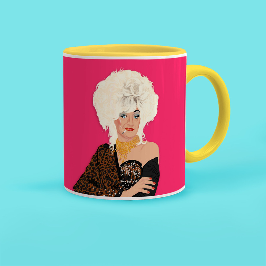 Lily Veronica Maeve Savage duo tone 11oz ceramic mug with yellow handle. Features artwork by Ryan Hodge illustration with pink background. Dishwasher safe, chip and scratch resistant.  Perfect office gift idea, birthday gift. Drag Queen gay icon.  