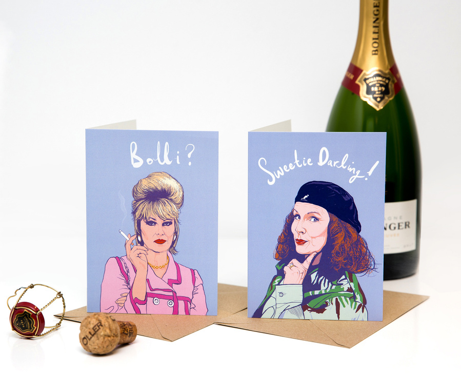 Absolutely Fabulous themed A6 greeting card by Ryan Hodge illustration featuring Patsy Stone and Edina Monsoon.  Perfect for birthdays and special occasions of a gay best friend, mother or drinking partner. 