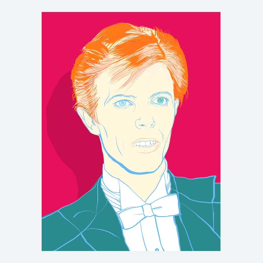David Bowie portrait as the Thin White Duke by Ryan Hodge illustration.  Inspired by a photo taken at the 17th Annual Grammy Awards.  A fine art gicée print available in sizes A4, A3 & A2, framed or print only. Red and yellow option. 