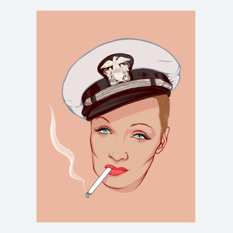 Hollywood actor Marlene Dietrich in the film 'Seven Sinners'. She's smoking a cigarette, wearing a sailor's hat & has big eye lashes.  A portrait by Ryan Hodge illustration. A4, A3, A2, A1 sizes framed and print only. 