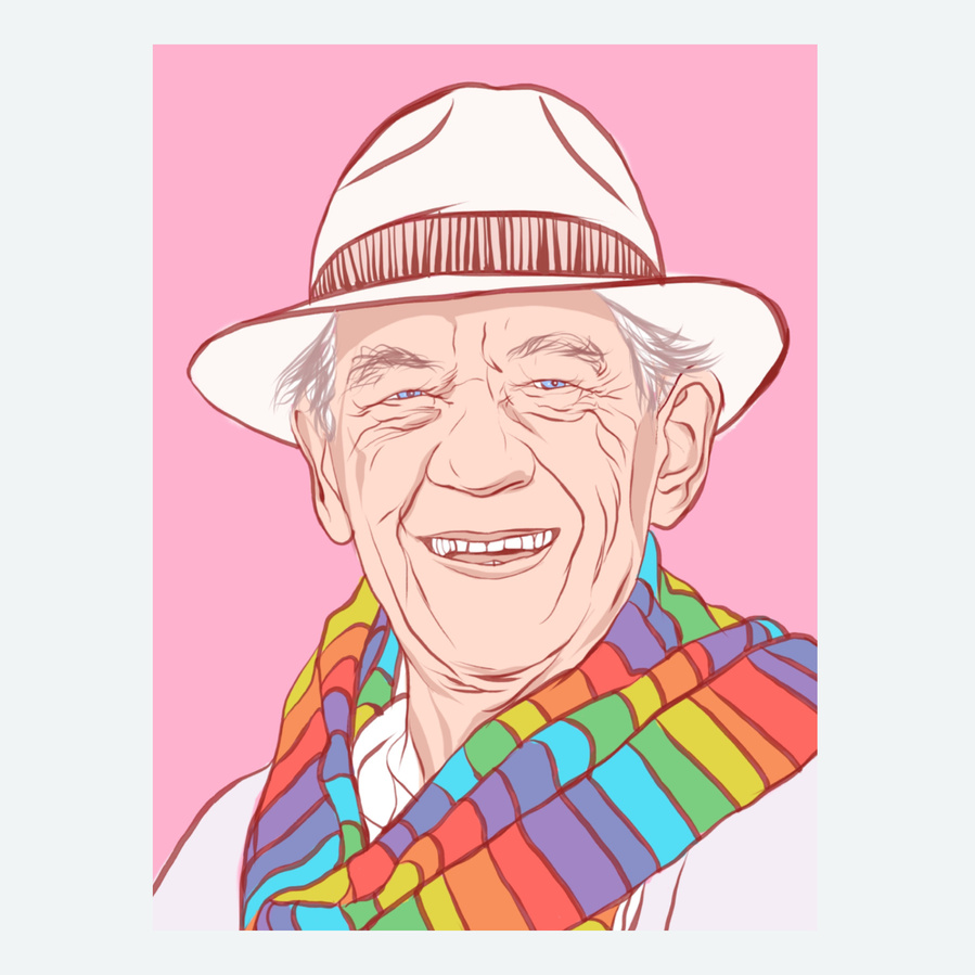 A portrait of Sir Ian McKellen by Ryan Hodge illustration.  Star of stage and screen, master of Shakespeare. The fine art giclée print is available in sizes A4, A3 & A2, framed or print only.