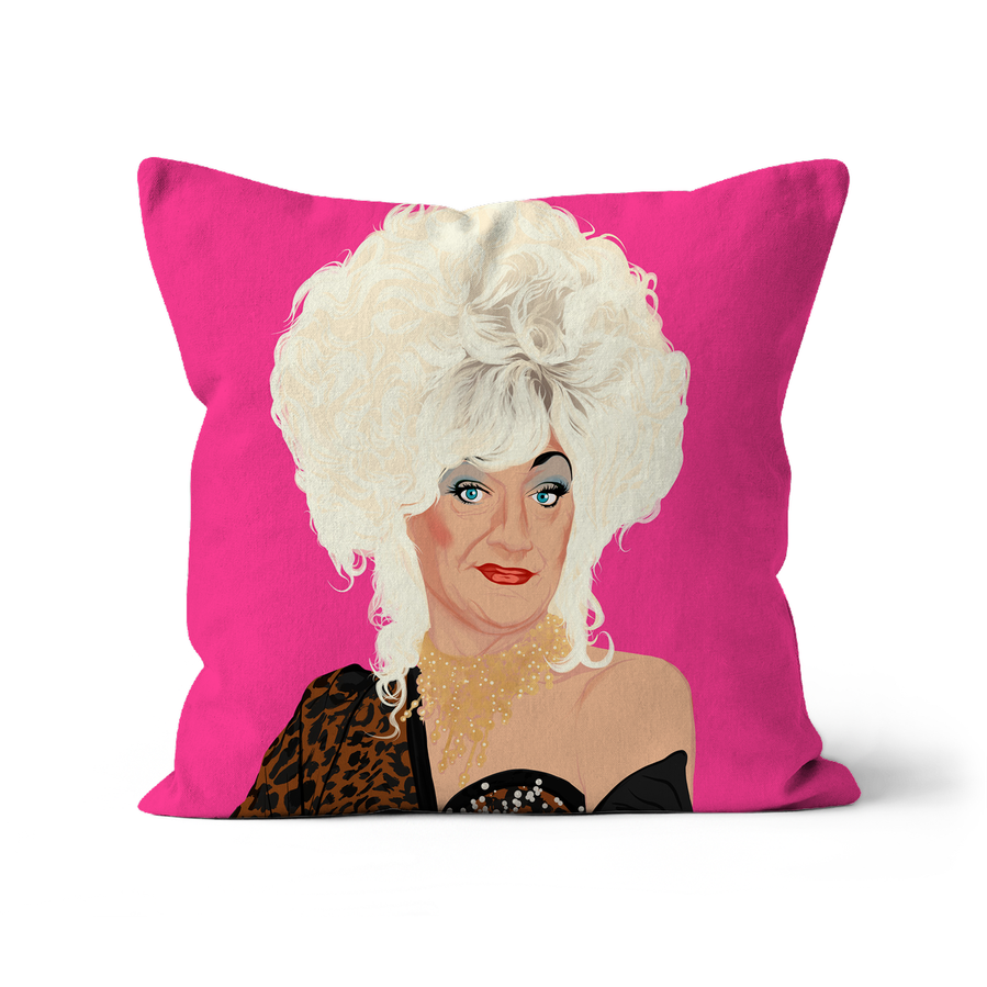 Faux Suede cushion featuring Lily Savage  on bright pink background, the reverse features her name in handwritten font.  Art by Ryan Hodge illustration.  Multiple sizes available. 