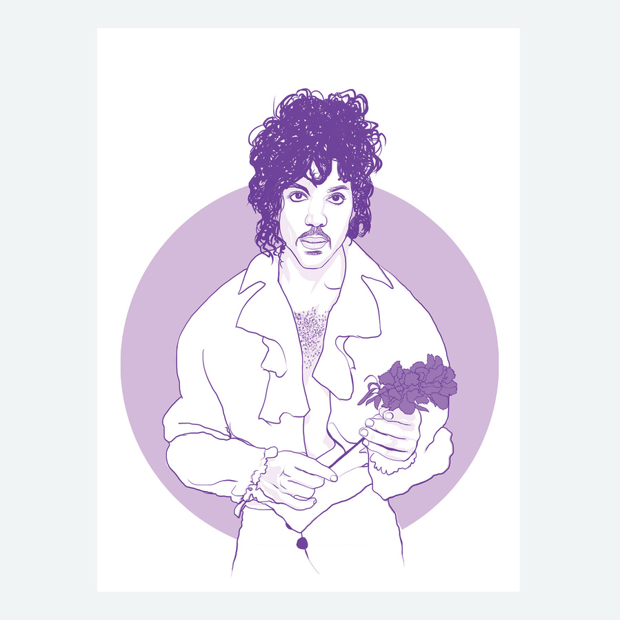 Prince Rogers Nelson, the artist formerly known as Prince.  An illustrated portrait with linear style with purple background.  Inspired by the song 'purple rain'. Available in sizes A4, A3, A2 and A1 as a framed print or print only option. 