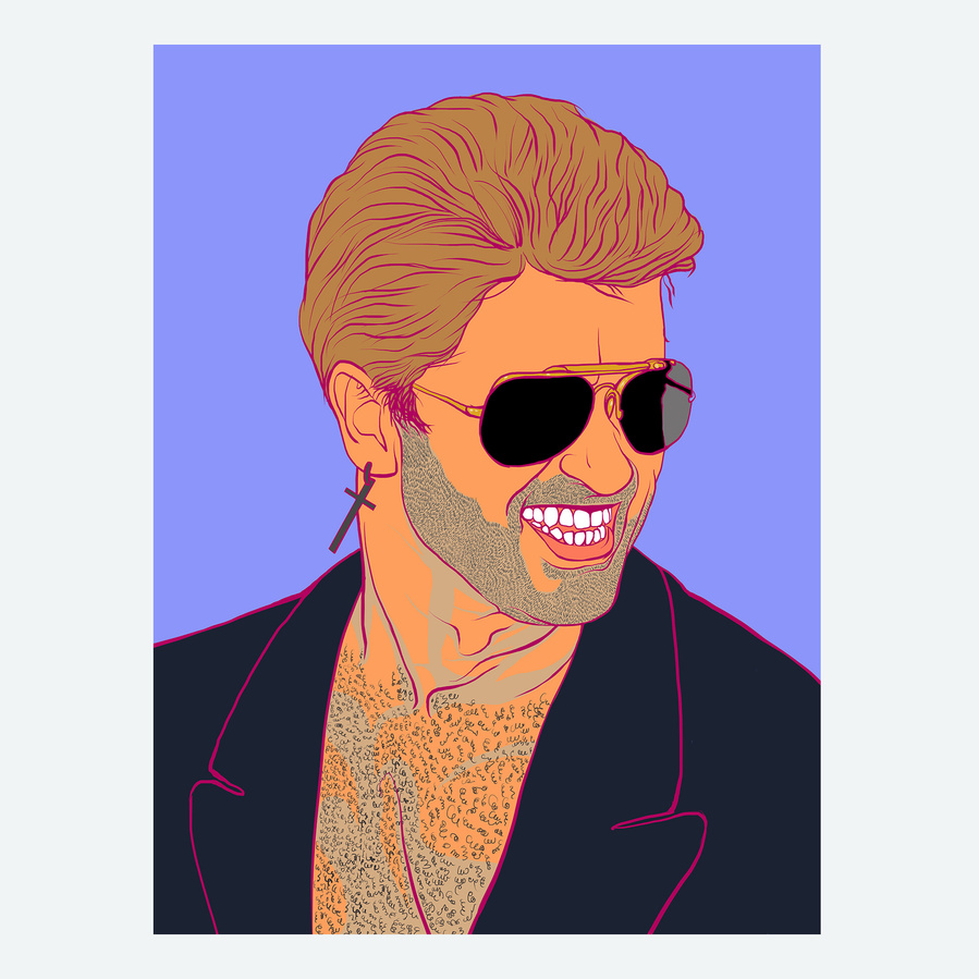 George Michael art print by Ryan Hodge illustration is inspired by his song Faith.  Sporting aviators, leather jacket, sexy stubble and smile.  He is a gay icon.  Framed and Print only options in sizes A4, A3 A2, A1 