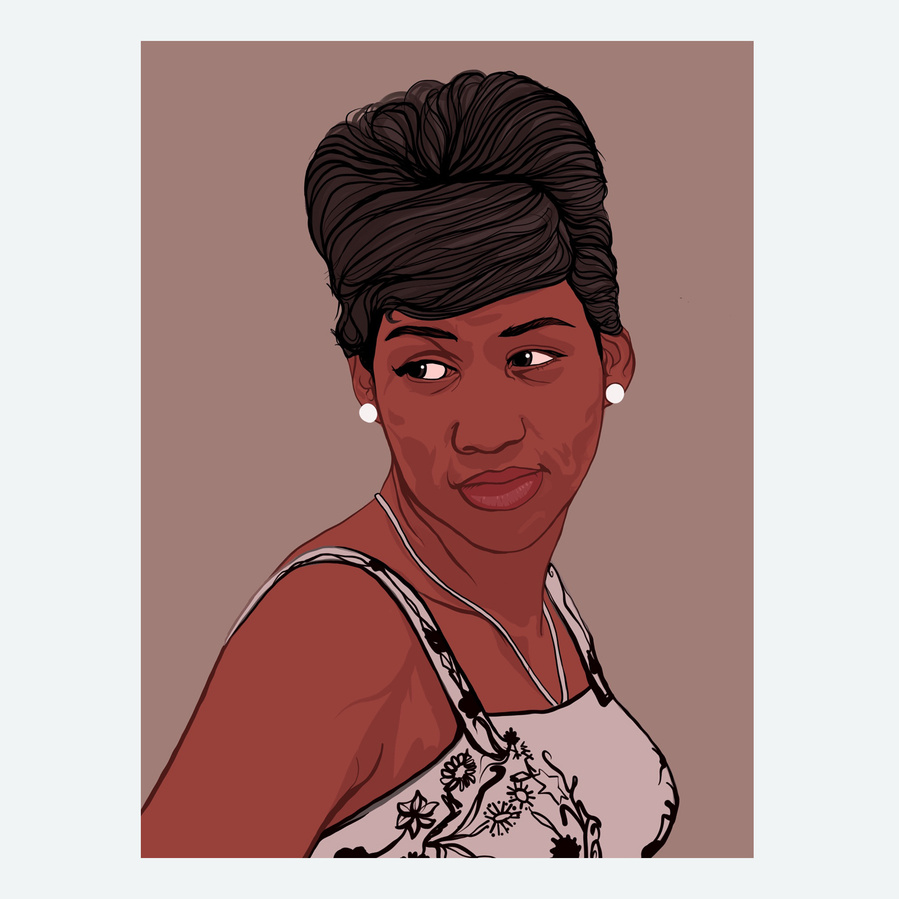 Queen of Soul and gospel Aretha Franklin.  A fine art giclée print by Ryan Hodge illustration.  Available in sizes A4, A3, A2 framed or print only. 