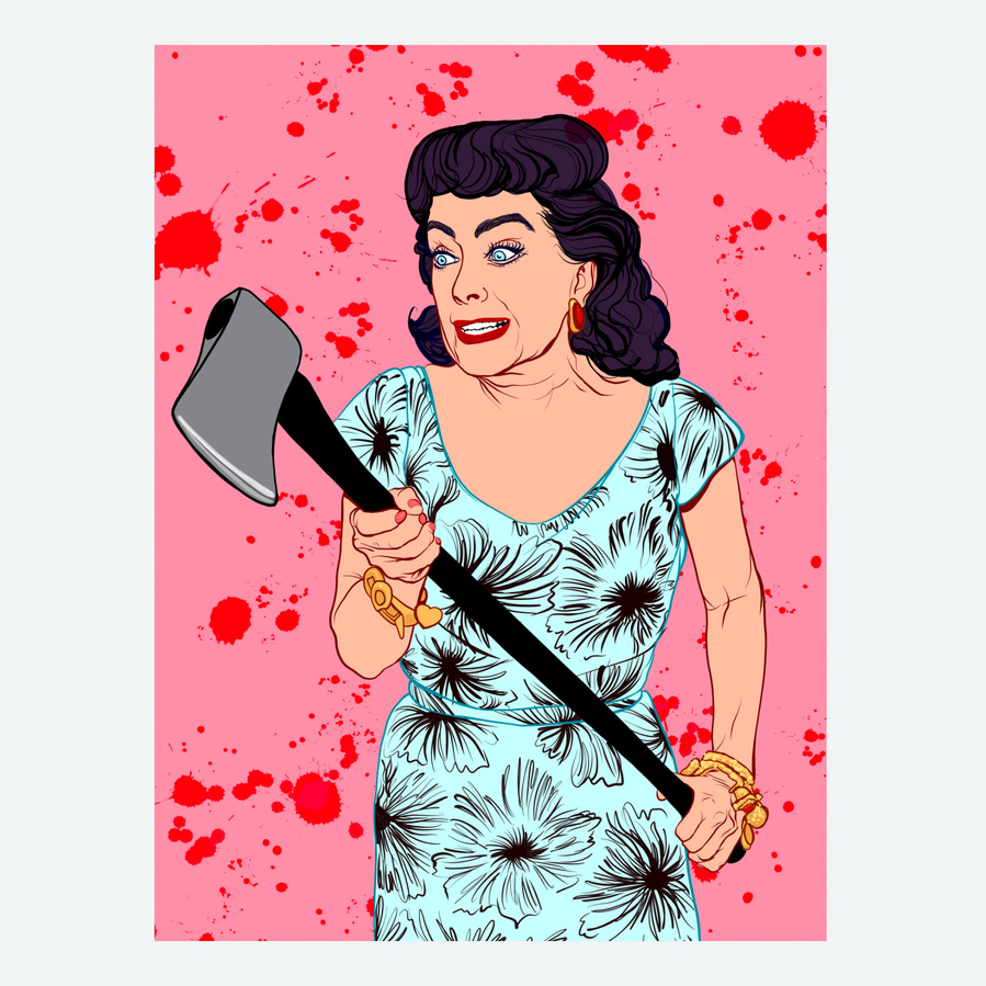 Joan Crawford Fine art giclée print by Ryan Hodge illustration.  Inspired by the film Strait Jacket Available in sizes A4, A3 and A2.  Framed and print only versions.  