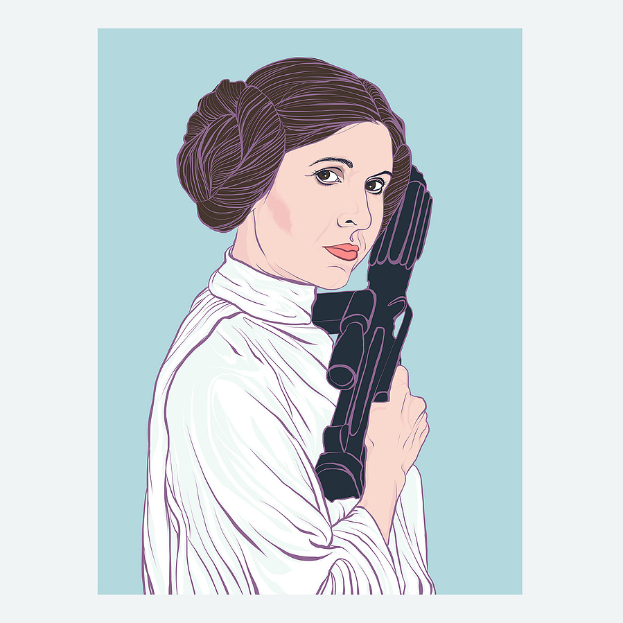 Star Wars Feminist icon Princess Leia, played by the incredible Carrie fisher.  Swedish bun hair and blaster in hand, she is ready to kick some imperial butt. Illustration by Ryan Hodge.  Prints available in sizes A4 to A1 framed and print only. 