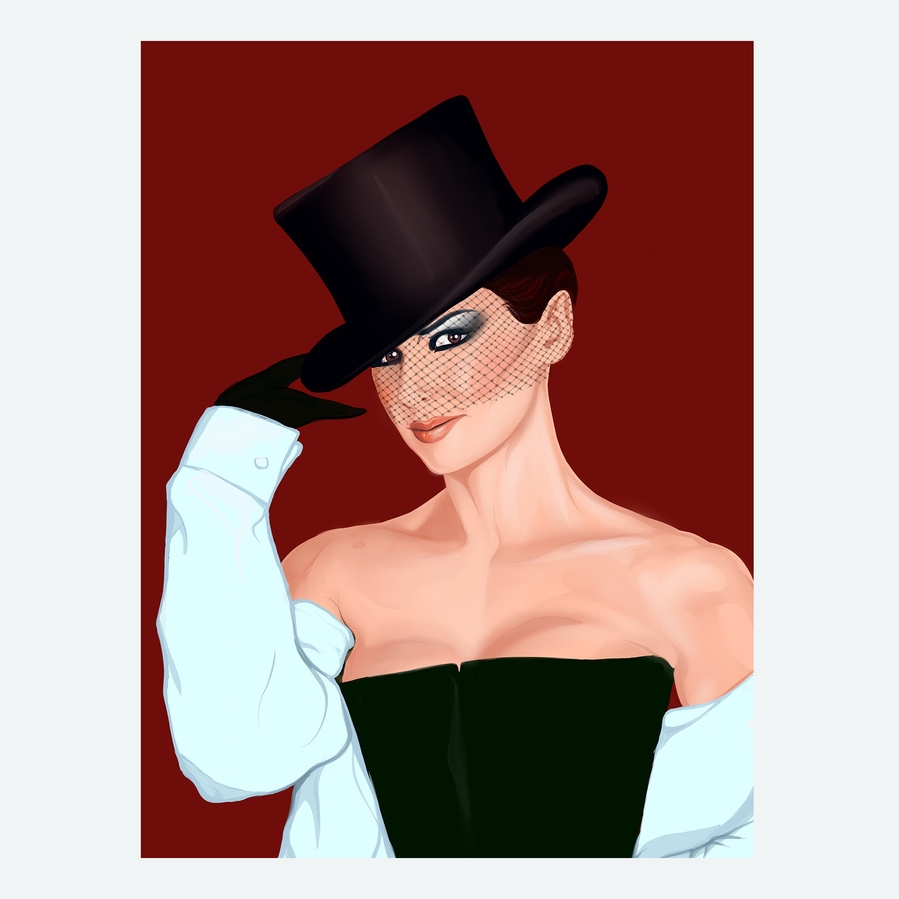 This Shania Twain fine art print by Ryan Hodge illustration is inspired by the Man I Feel Like A Woman single.  Sporting top hat and man's shirt.  She is a gay icon and is inspirational to millions of fans around the world.  A4, A3 A2, A1.