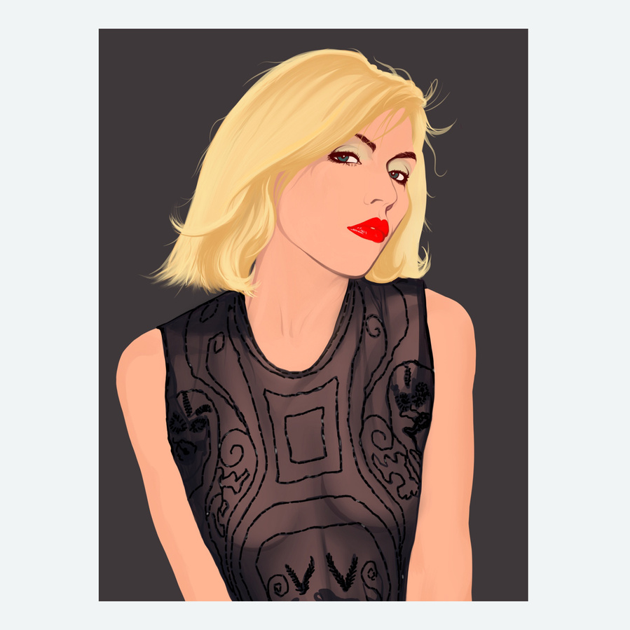 Fine art giclée print of Blondie's front lady, Debbie Harry by Ryan Hodge illustration.  Inspired by a promo photograph for their debut album. Available in sizes A4, A3 and A2.  Framed and print only versions.  