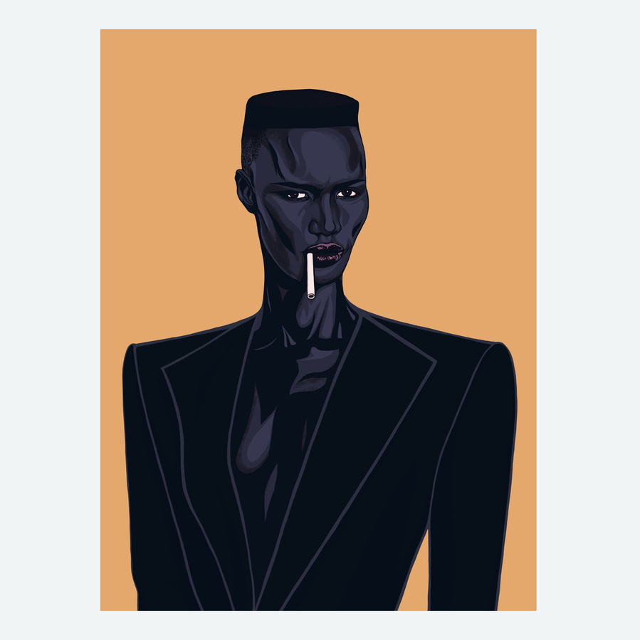 80's  singer, actor and fashion icon Grace Jones by Ryan Hodge illustration.  A framed fine art print available in various sizes and print only options. Yellow background. Inspired by the Night clubbing album art 
