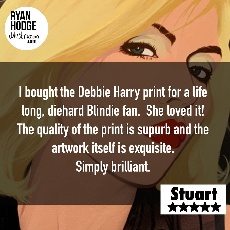Review of Fine art giclée print of Blondie's front lady, Debbie Harry by Ryan Hodge illustration.  Inspired by a promo photograph for their debut album. Available in sizes A4, A3 and A2.  Framed and print only versions.  