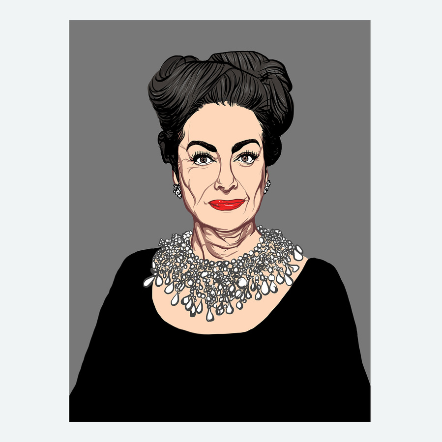 Joan Crawford inspired by the film 'I saw What You Did'.  Grey background, Black dress, severe look.  A portrait by Ryan Hodge illustration based on the film Myra Breckinridge. A4, A3, A2, A1 sizes framed and print only. 