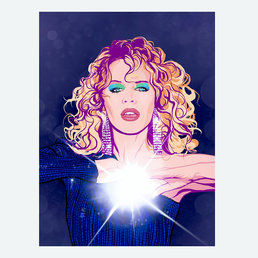 Kylie Minogue fine art giclée print by Ryan Hodge illustration.  Inspired by the album DISCO.  Cosmic vibes on navy with big bright flash.  Available in sizes A4, A3, A2 & A1 framed and print only.  Printed on Enhanced Matt Art paper. 