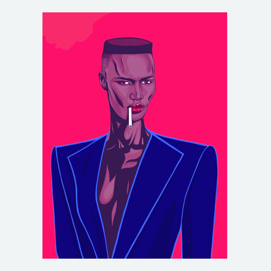 Grace Jones Fine art print with optional framing.  Artwork by Ryan Hodge illustration.  Features bright pink background and blue jacket. Available in sizes A4, A3, A2 & A1