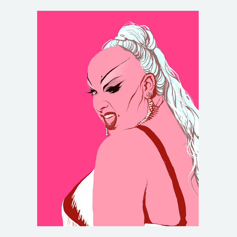 Divine, the Queen of drag and filth. A digital portrait by Ryan Hodge illustration inspired by pop art.  Bright pink background and gestural marks
