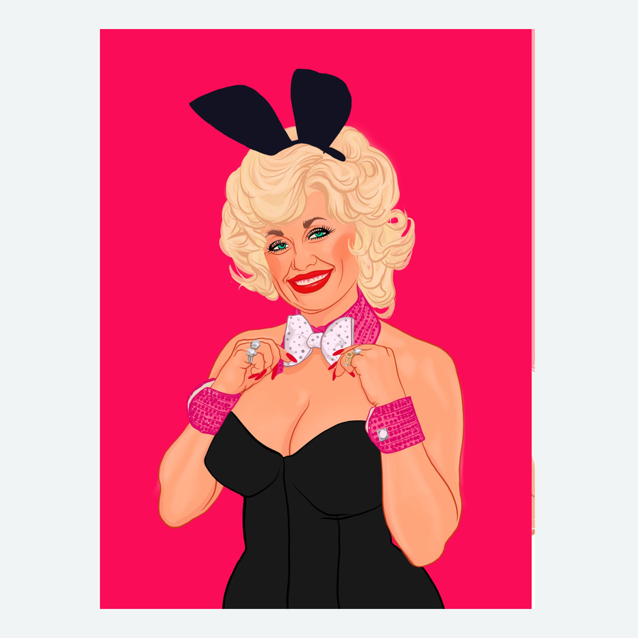 Country singer/songwriter, actor and gay icon Dolly Parton.  An illustration inspired by her Play Boy Magazine photoshoot dressed as a bunny girl.  Fine art prints available in sizes A4, A3, A2 & A1, framed or print only. 