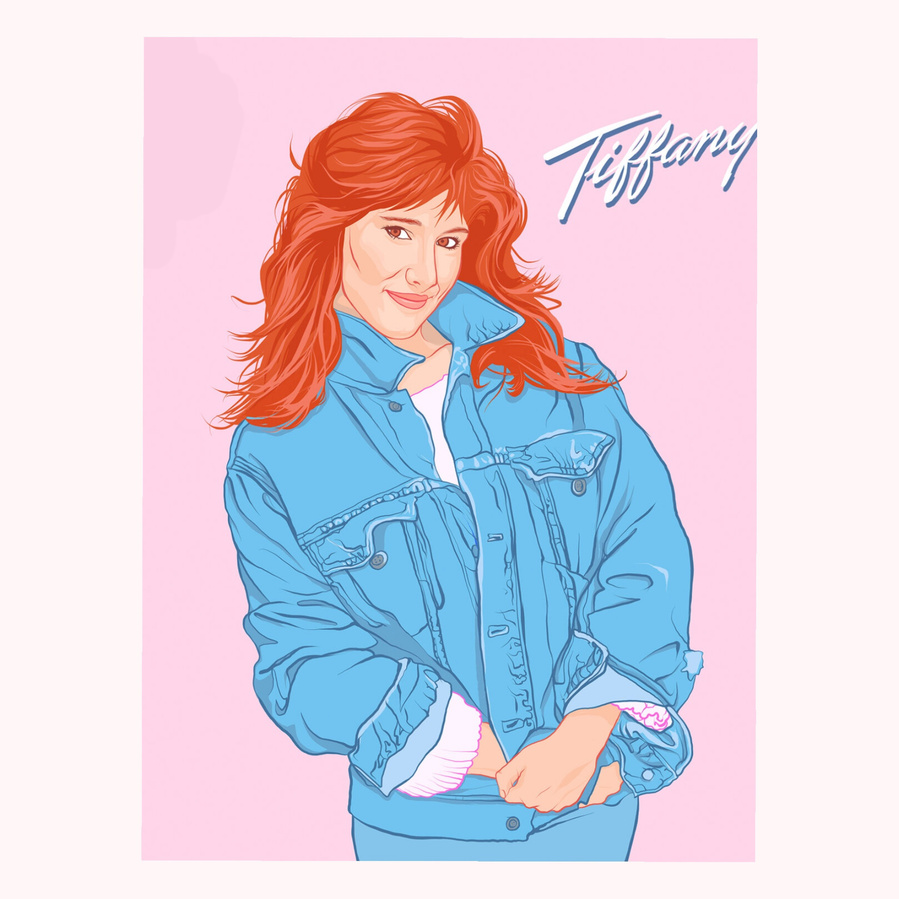 Portrait of 80's pop star Tiffany complete with text and denim jacket. Features pink background and her bright red hair. Fine Art Giclée prints and framed prints available in sizes A4 A3 A2 & A1. 