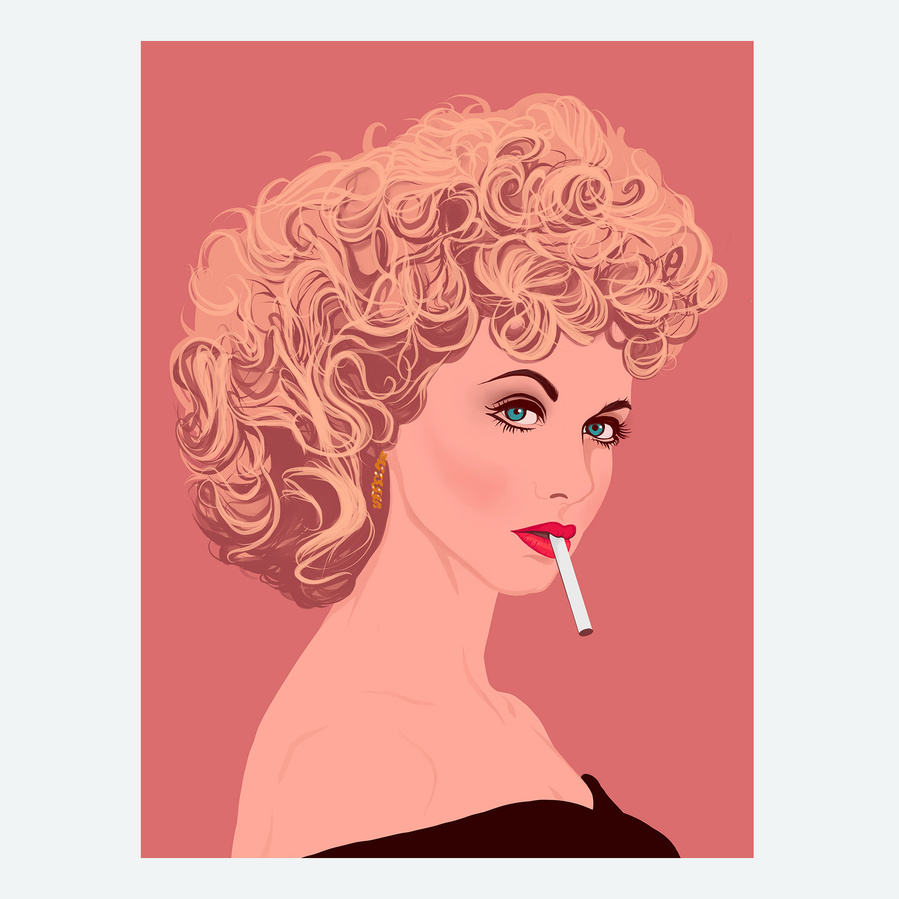 Fine art Giclée print of Olivia Newton-John as Sandy Olsson from the film Grease.  Artwork by Ryan Hodge illustration. She has curly blonde hair and off the shoulder top, red lips and smoking a cigarette.  peach background.  